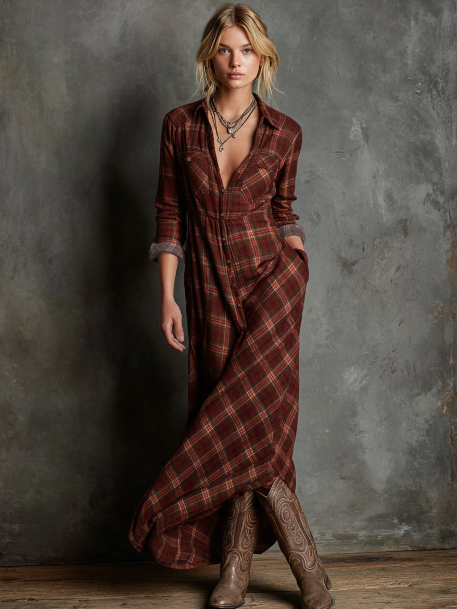 Grace | Women's Plaid Flannel Long Sleeve Maxi Shirtdress