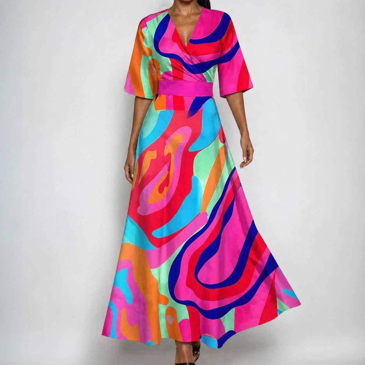 Florence | Women's Satin-Finish Floral Wrap V-Neck Belted Maxi Dress