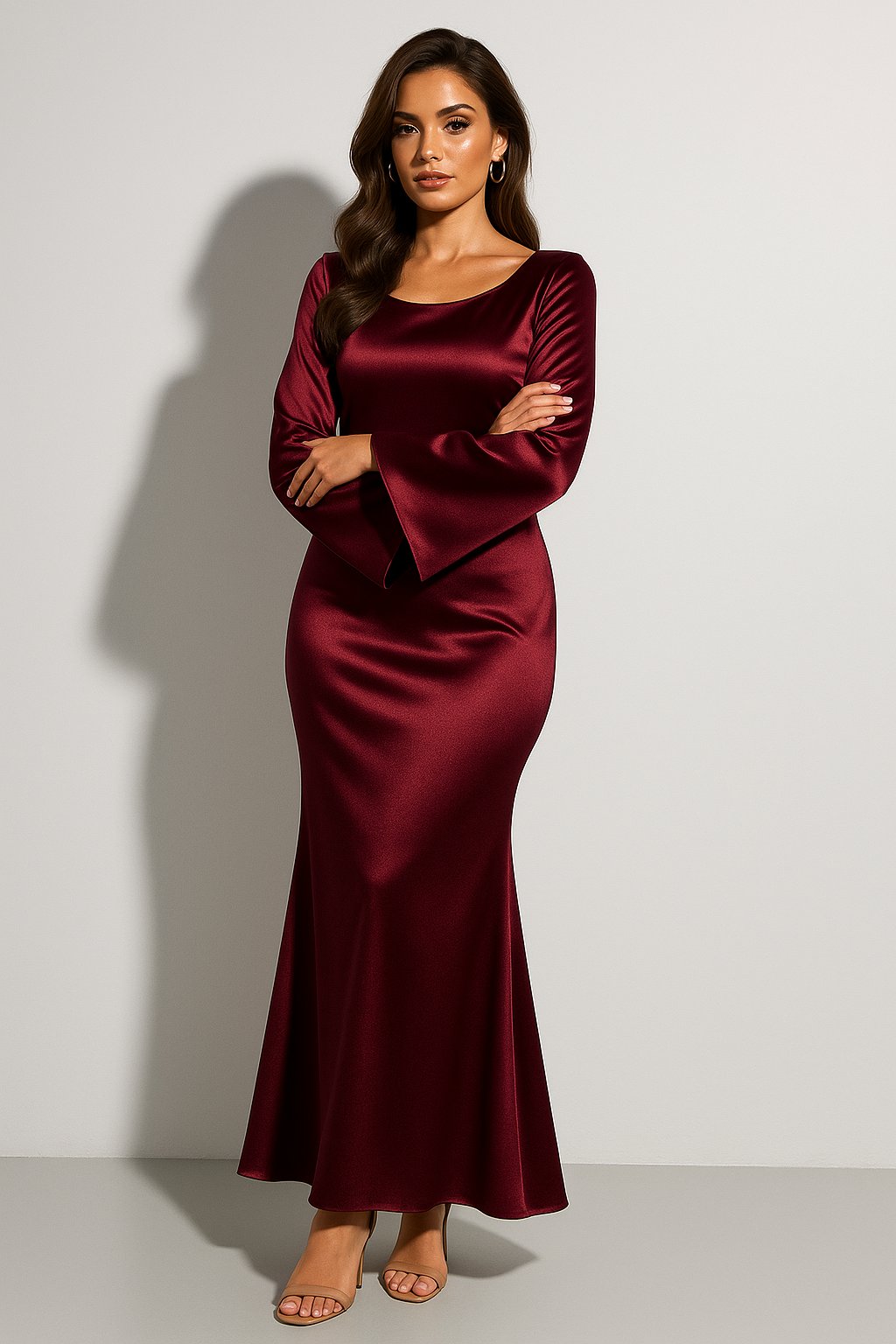 Phoebe | Women's Satin Long-Sleeve Scoop-Neck Fishtail Maxi Dress