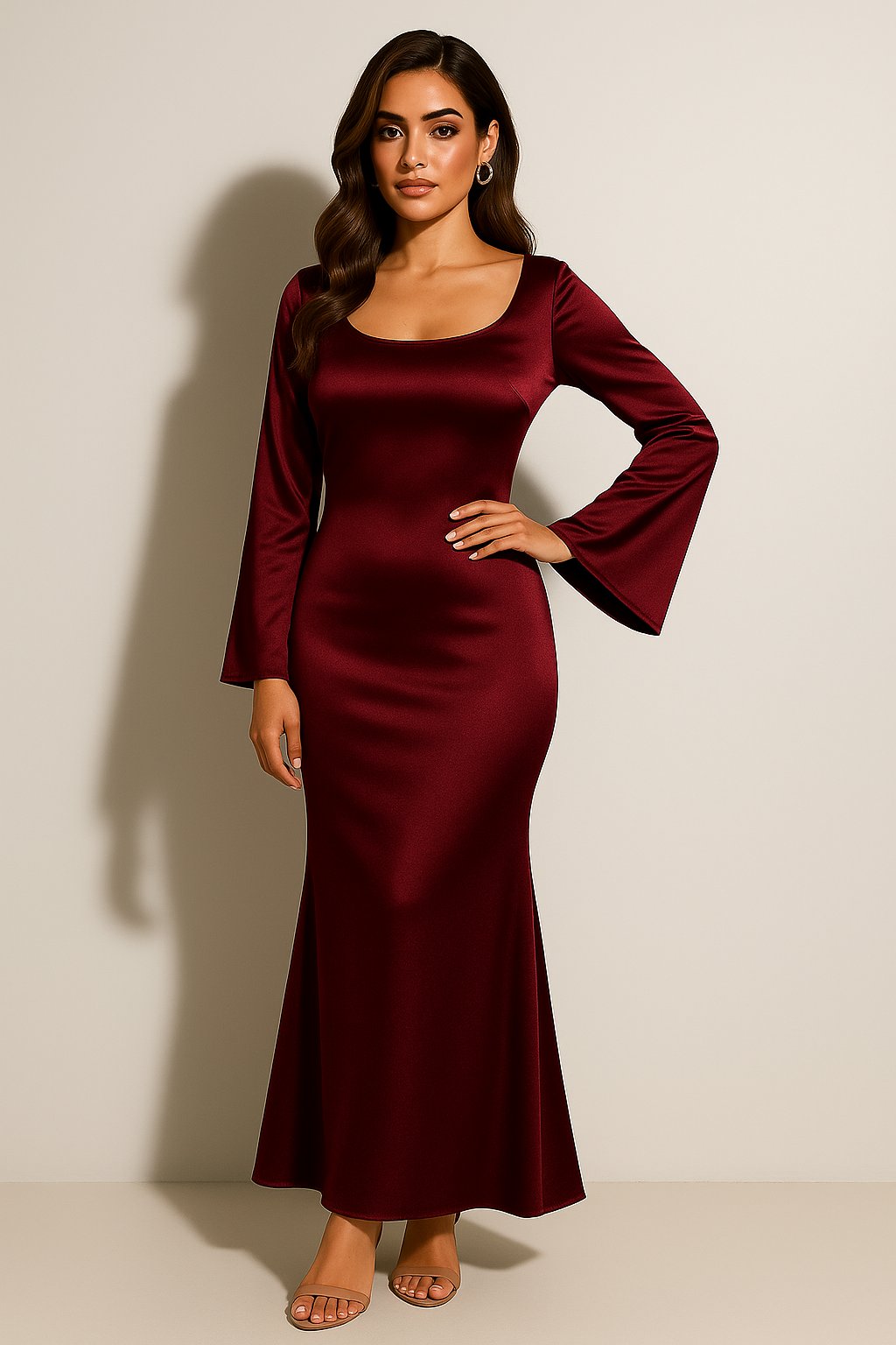 Phoebe | Women's Satin Long-Sleeve Scoop-Neck Fishtail Maxi Dress