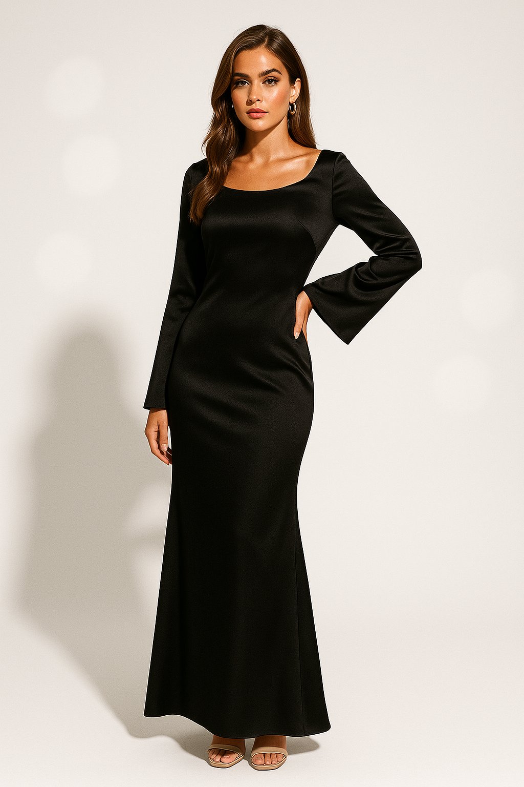 Phoebe | Women's Satin Long-Sleeve Scoop-Neck Fishtail Maxi Dress