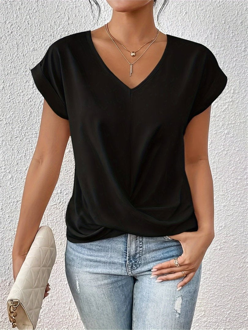 Phoebe | Women's Satin Twist-Front V-Neck Short-Sleeve Top