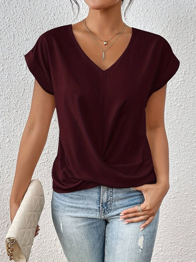 Phoebe | Women's Satin Twist-Front V-Neck Short-Sleeve Top