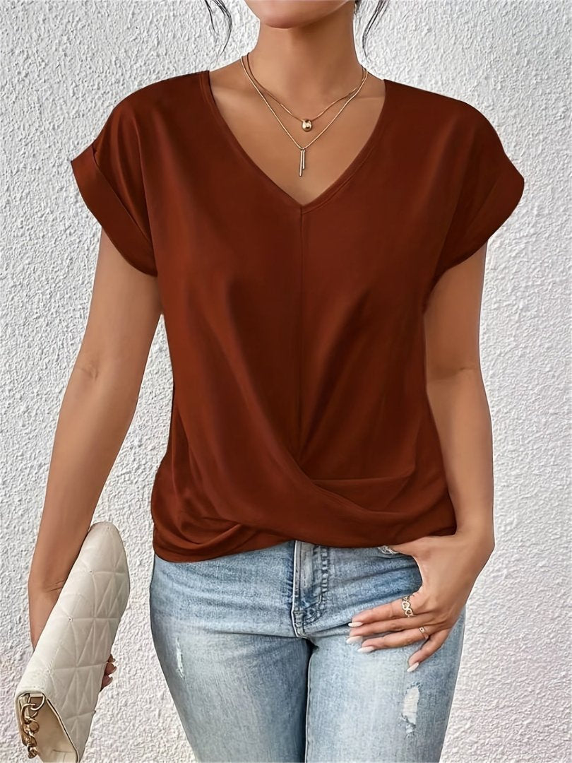 Phoebe | Women's Satin Twist-Front V-Neck Short-Sleeve Top