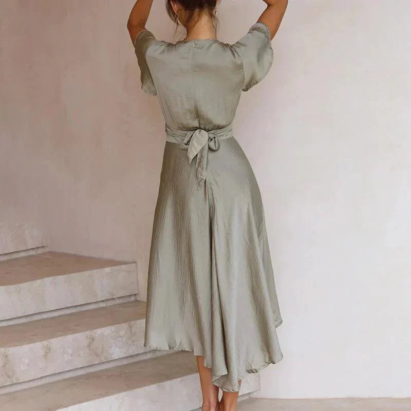 Mia | Women's Satin V-Neck Flutter-Sleeve Midi Dress