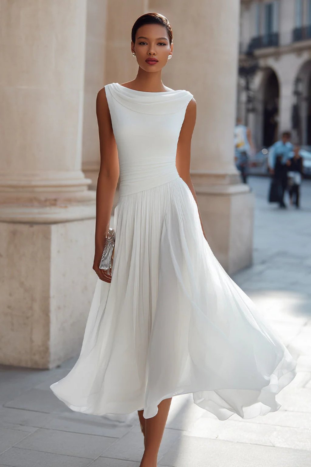 Rosie | Women's Sleeveless Cowl-Neck Pleated Midi Dress