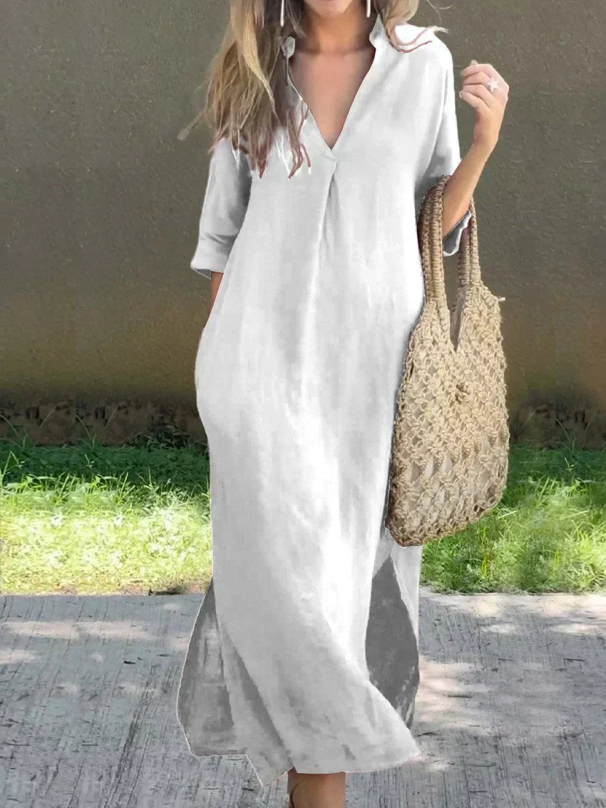 Annelise | Women's Relaxed V-Neck Linen Blend Maxi Dress