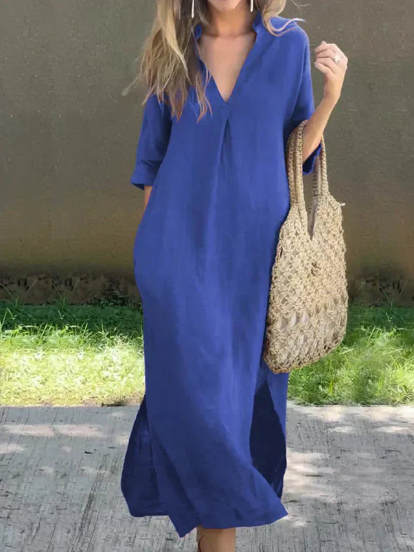 Annelise | Women's Relaxed V-Neck Linen Blend Maxi Dress