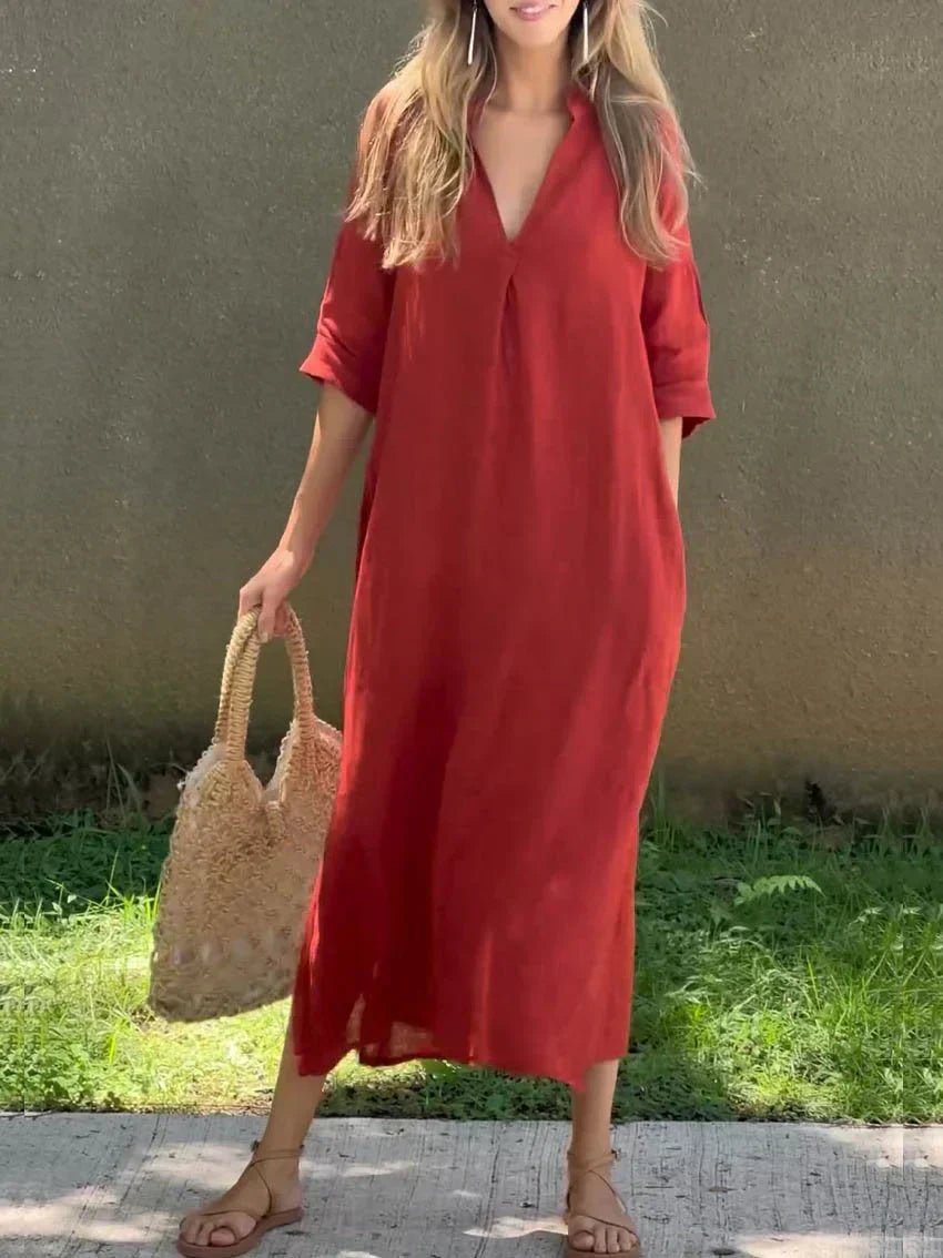 Annelise | Women's Relaxed V-Neck Linen Blend Maxi Dress